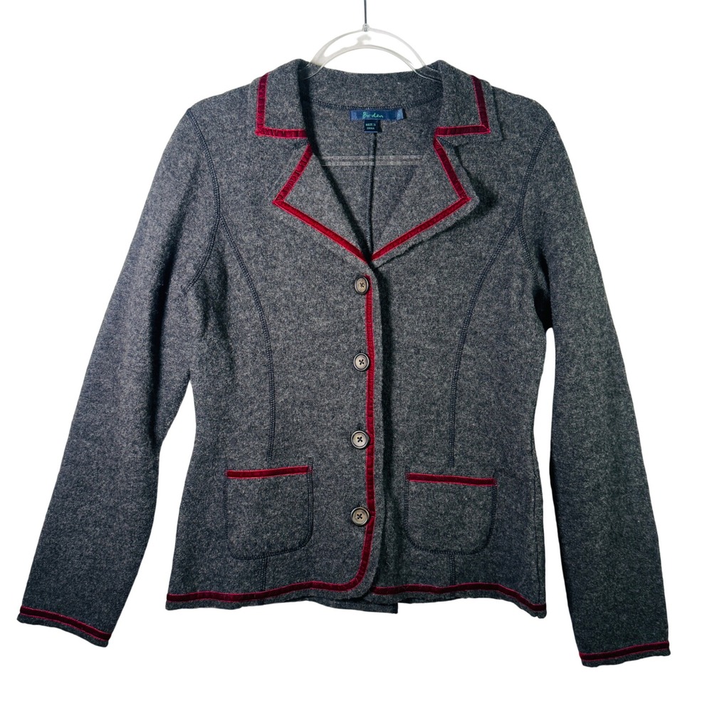 Boden Wool Blazer Jacket Velvet Trim Grey Burgundy Red Tailored Med Academia